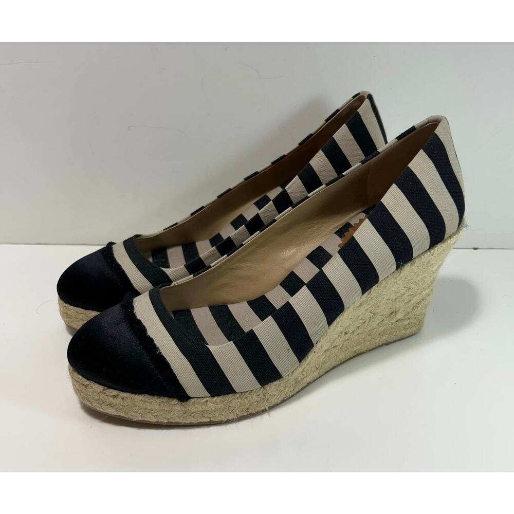 J. CREW Black Taupe Stripe Espadrille Closed Satin Toe Heel Wedge Shoes Womens 9 - Picture 3 of 7